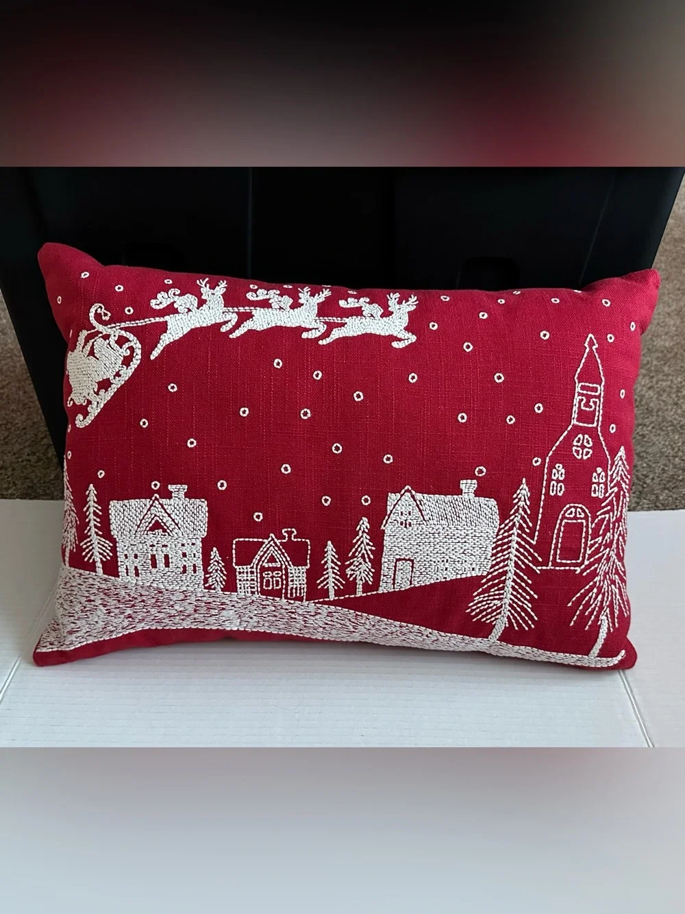 Red Christmas Winter Village Santa Sleigh White Embroidered Rectangle Pillow